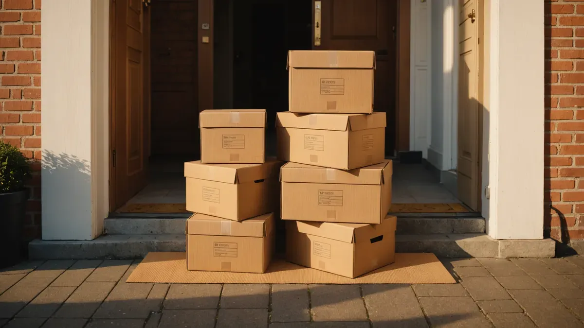 Cartons de livraison empilés sur le paillasson d'une porte d'entrée, lumière chaude de fin d'après-midi dans la cage d'escalier