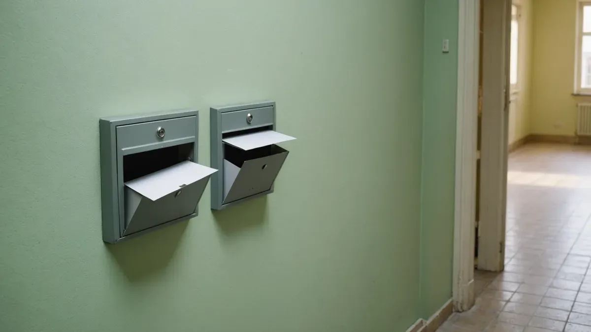 Deux boîtes aux lettres métalliques encastrées dans le mur vert pâle d'un couloir d'immeuble, une enveloppe blanche dépassant de chaque fente