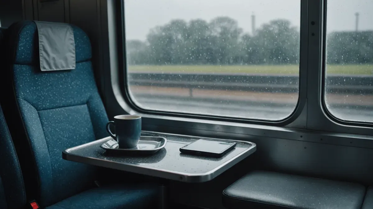Téléphone à l'écran éteint et tasse posés sur la tablette d'un siège de train vide, vitre couverte de gouttes et paysage gris flouté