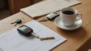 Table en bois clair avec un ordinateur portable ouvert à l'écran flou, un trousseau de clés de voiture posé sur des documents pliés et une tasse de café, lumière du matin