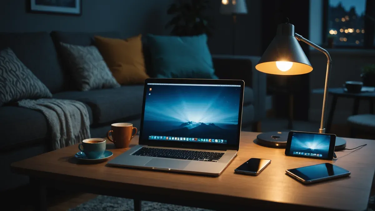 Ordinateur portable, tablette et téléphone posés côte à côte sur une table basse en bois dans un salon le soir, écrans allumés sans texte lisible, lampe à droite