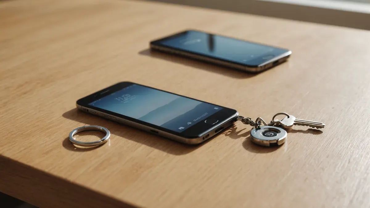Deux téléphones posés sur une table en bois clair à côté d'un trousseau de clés et d'un anneau vide, écrans en veille sans texte lisible, lumière du matin