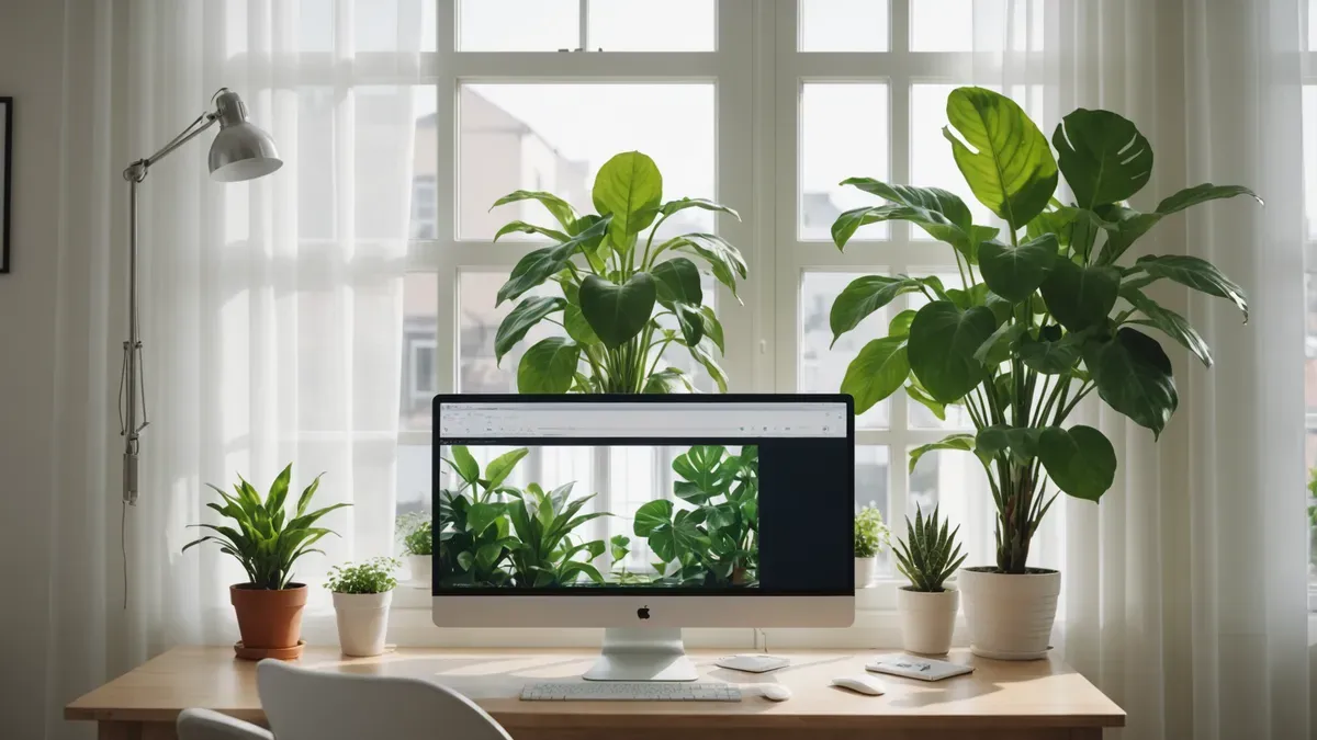 Écran d'ordinateur éteint reflétant la fenêtre d'un salon le matin, plante verte et rideaux clairs en arrière-plan
