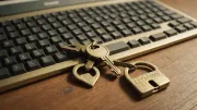 Trousseau de vieilles clés posé sur un bureau en bois clair à côté d'un carnet fermé et d'un clavier d'ordinateur