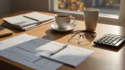 Avis d'imposition et déclaration de revenus posés sur un bureau en bois clair à côté d'un ordinateur portable fermé et d'une paire de lunettes