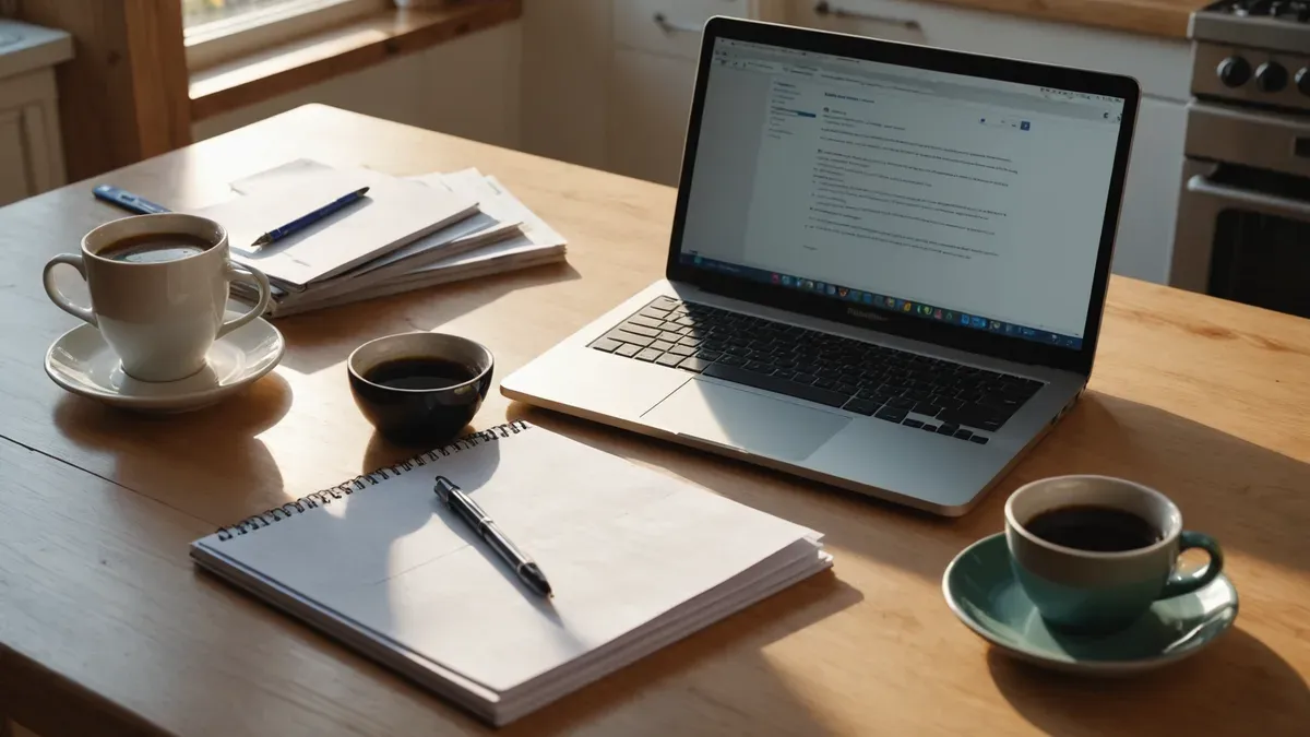 Ordinateur portable ouvert sur une table de cuisine en bois clair, écran affichant une interface illisible, carnet à spirale, stylo, enveloppes et tasses de café dans la lumière du matin