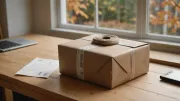 Carton de livraison rouvert sur une table de cuisine en bois, rouleau d'adhésif et étiquette de retour posés à côté, lumière d'un matin d'automne